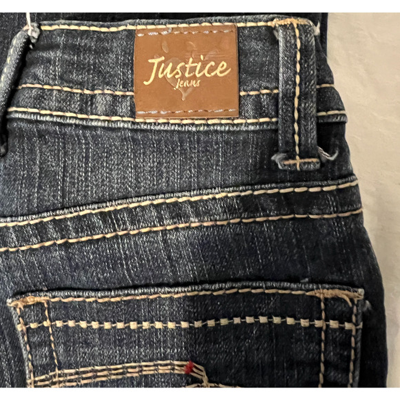Justice Jeans Girls Size 8S Dark Wash Cuffed Hem Pockets Logo Snap Close - Picture 7 of 8